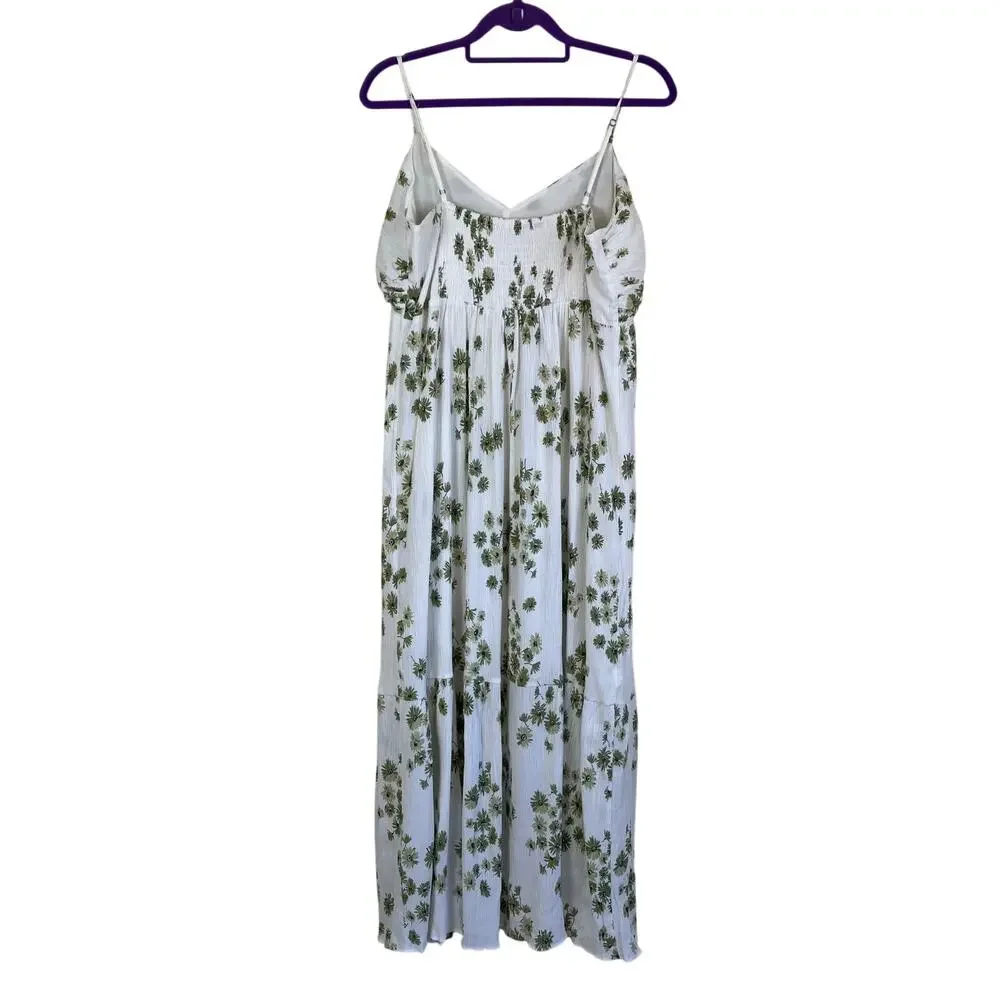 Abercrombie & Fitch Sz XL Babydoll Maxi Dress White Green Floral Crinkle
